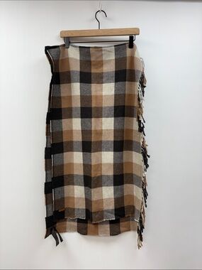 NWOT Coach Check Plaid Fringe Hem Wool Cashmere Scarf Preppy Tan 20"x66"